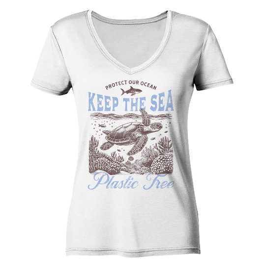 Keep the Sea Plastic Free Umweltschutz Spruch - Damen Bio V-Neck Shirt