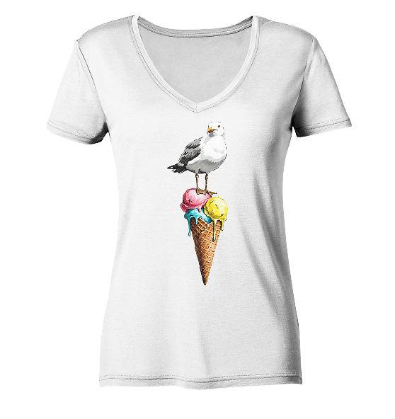 Eisdieb Freche Möwe mit Eiscreme - Damen Bio V-Neck Shirt - Kiebitzdelle
