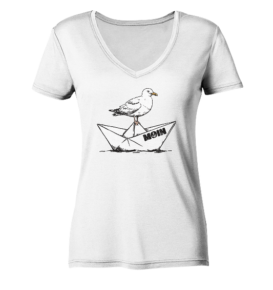 Papierschiff Möwe Moin - Damen Bio V-Neck Shirt
