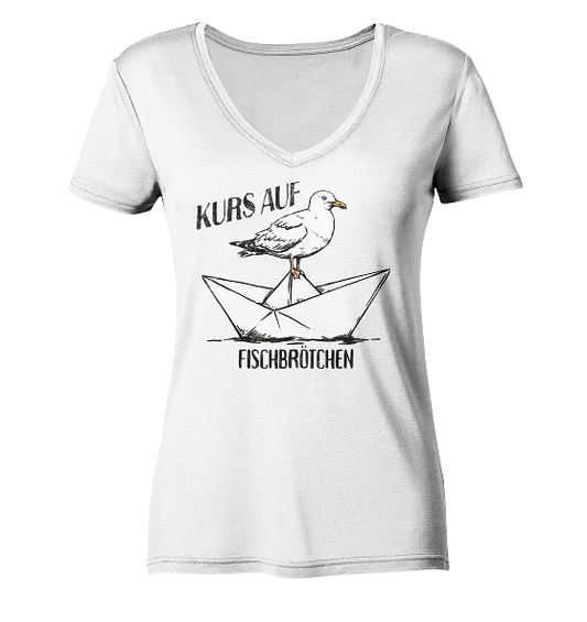 Kurs auf Fischbrötchen Papierschiff Möwe - Damen Bio V-Neck Shirt