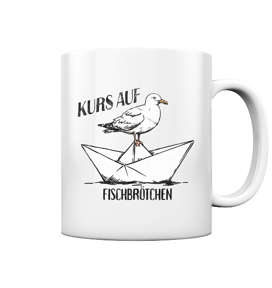 Kurs auf Fischbrötchen Papierschiff Möwe - Tasse glänzend - Kiebitzdelle