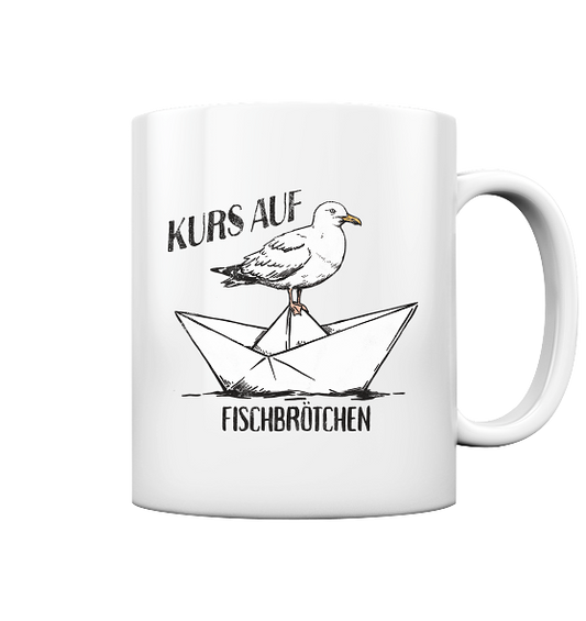 Kurs auf Fischbrötchen Papierschiff Möwe - Tasse glänzend